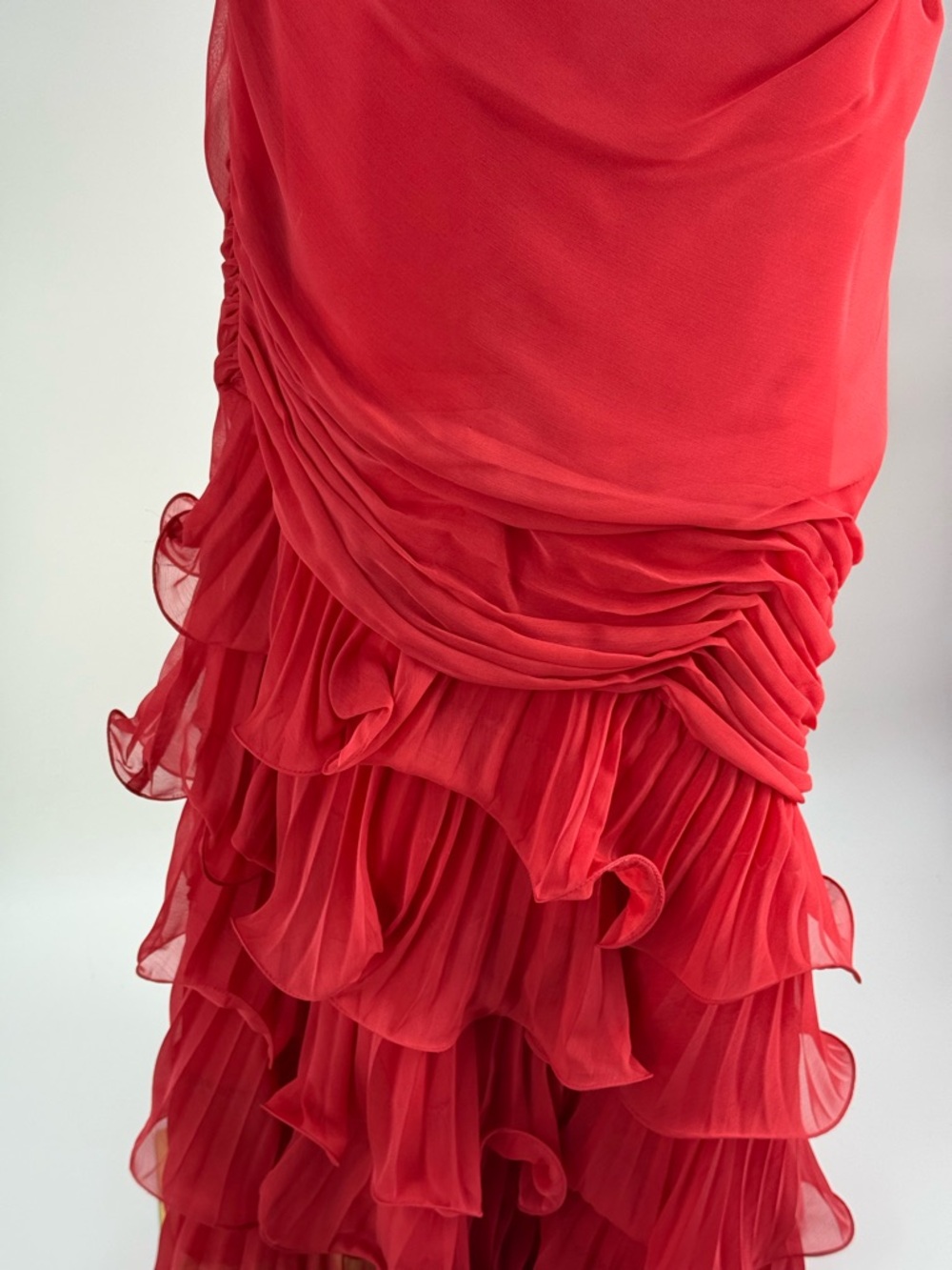 Dalia MacPhee Red One Shoulder Ruffle  Evening Gown Ruched Chiffon Formal  Dress - Picture 8 of 16